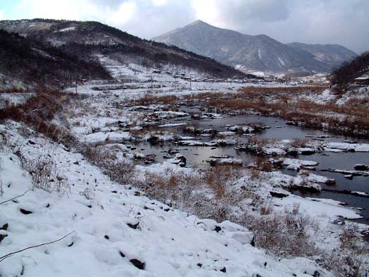 눈 내린 고향마을이 멀리 보인다 